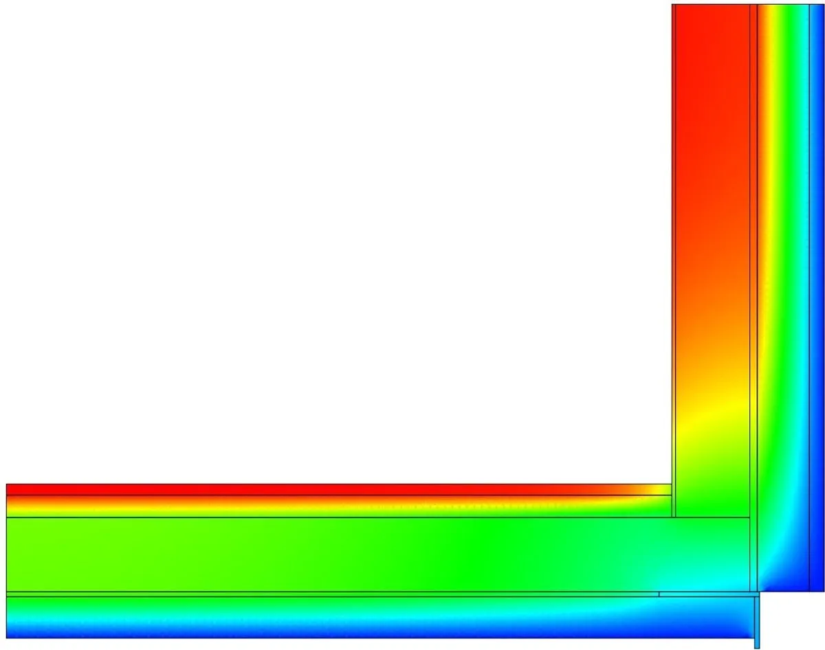 Berechneter Isothermenverlauf an einem Bauteilanschluss: die Farbskala zeigt den Temperaturverlauf von warm innen zu kalt außen